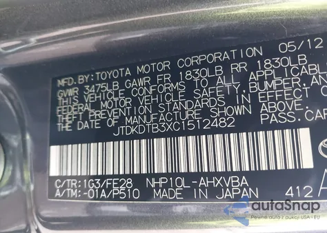 2012 Toyota Prius C One из США, поврежденный, VIN JTDKDTB3XC1512482